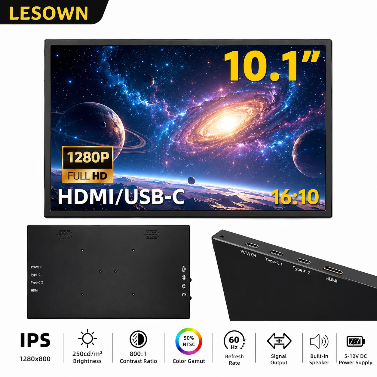 LESOWN Lightweight Display 10.1" Plug and Play Screen for Raspberry Pi Projects Mini Monitor Driver-free External Panel