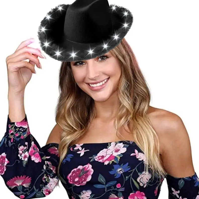 M6CD LED وامض قبعة رعاة البقر واسعة الحواف متوهجة نادي قبعة الكبار مرحلة العروض قبعة موضوع أغطية الرأس الطرف