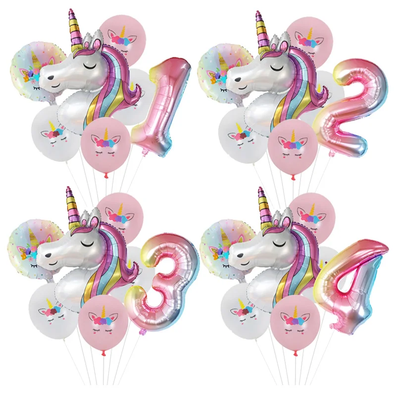 Globos de fiesta con temática de unicornio para niñas, globos redondos de aluminio, decoraciones de fiesta de cumpleaños de unicornio de 1 año,