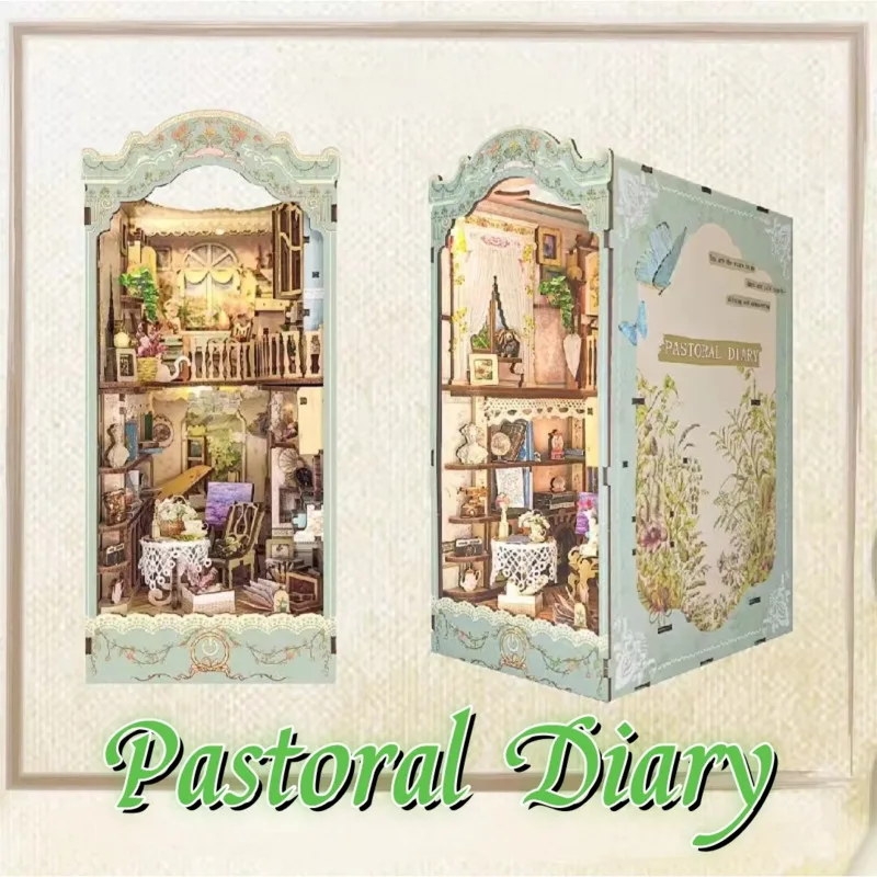 

DIY LED Light Wooden 3D Puzzle Bookend Room Book Nook Decoration Assembled Building Miniature Bookshelf Dollhouse Toys Kid Gifts