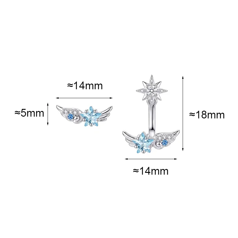 S999 Sterling Silver Needle Romantic Star Zircon Asymmetric Wings Stud Earrings for Women Luxurious Fashion Jewelry Accessories