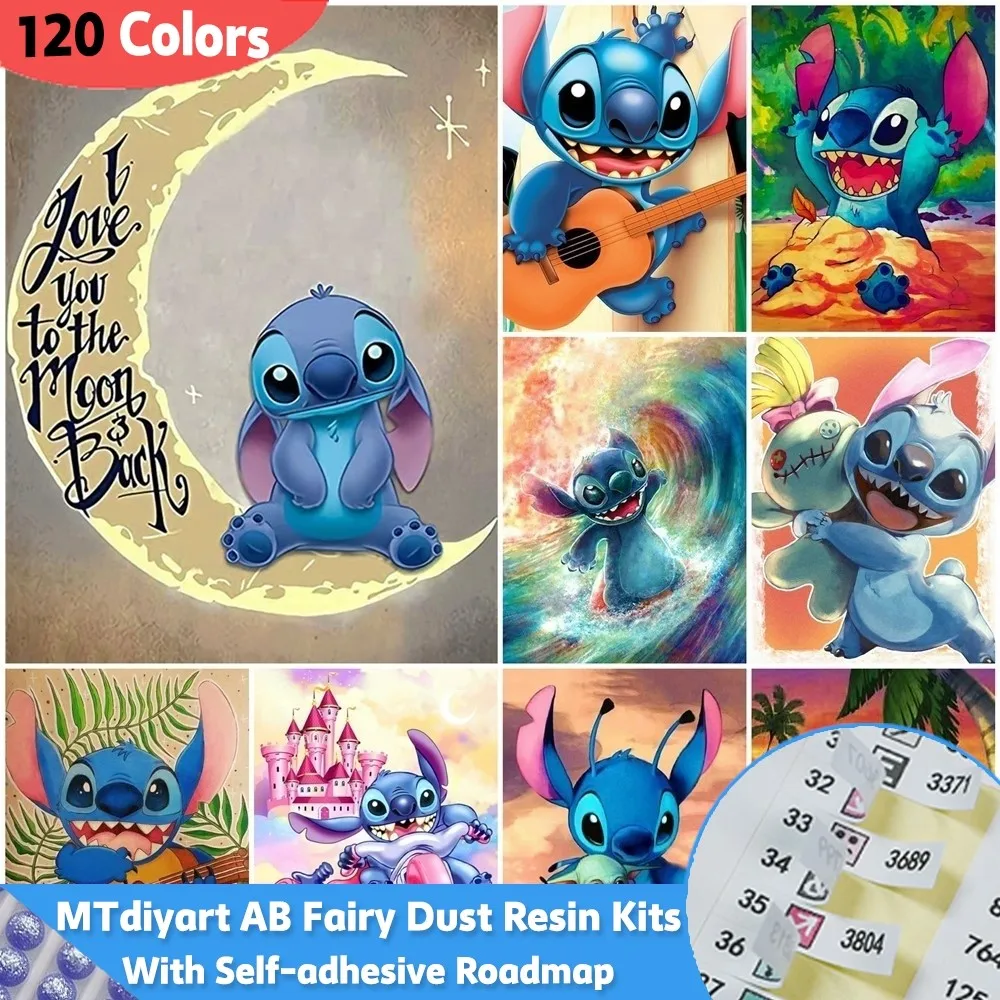 AB Fairy Dust 120 Colors Resin Diamond Painting With Sticker Disney Stitch Kit Seaside Mosaic Lilo Cartoon Kid Room Decor