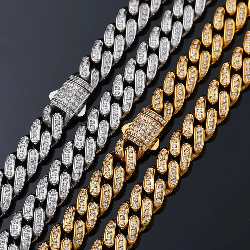 

HHIOK 12MM Fine Stainless Steel Cuban Link Necklace Iced out Inlaid With 5A CZ Plated 18k Gold Fashion Bracelet Hip Hop Jewelry