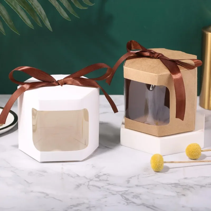 

20Pcs Hexagon Kraft Paper Box with Window & Ribbon Candy Pastry Cake Boxes Gift Box For Wedding Birthday Baby Shower Party