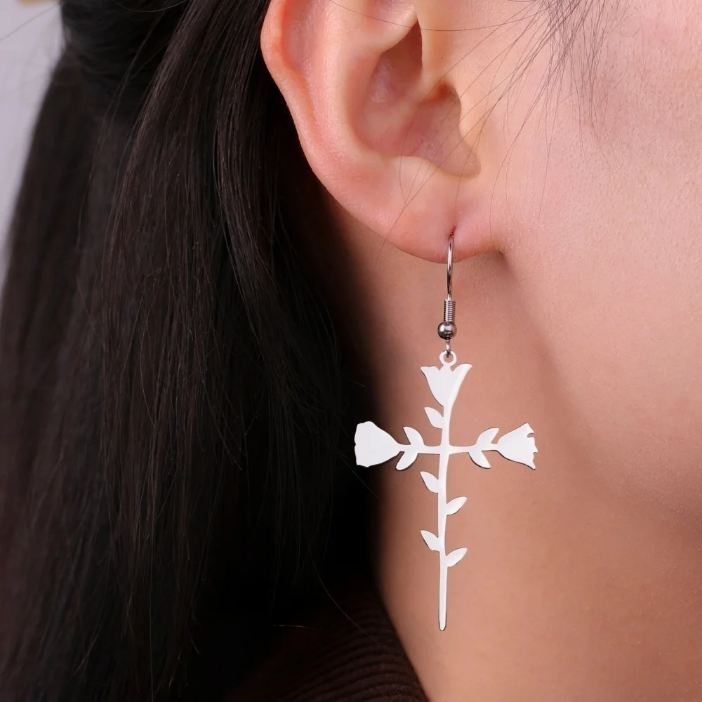 Eueavan Sweet Roses Dangle Earrings for Women Girls Stainless Steel Flowers RomanticJewelry 2024 Trend Valentine's Day Gifts image 2