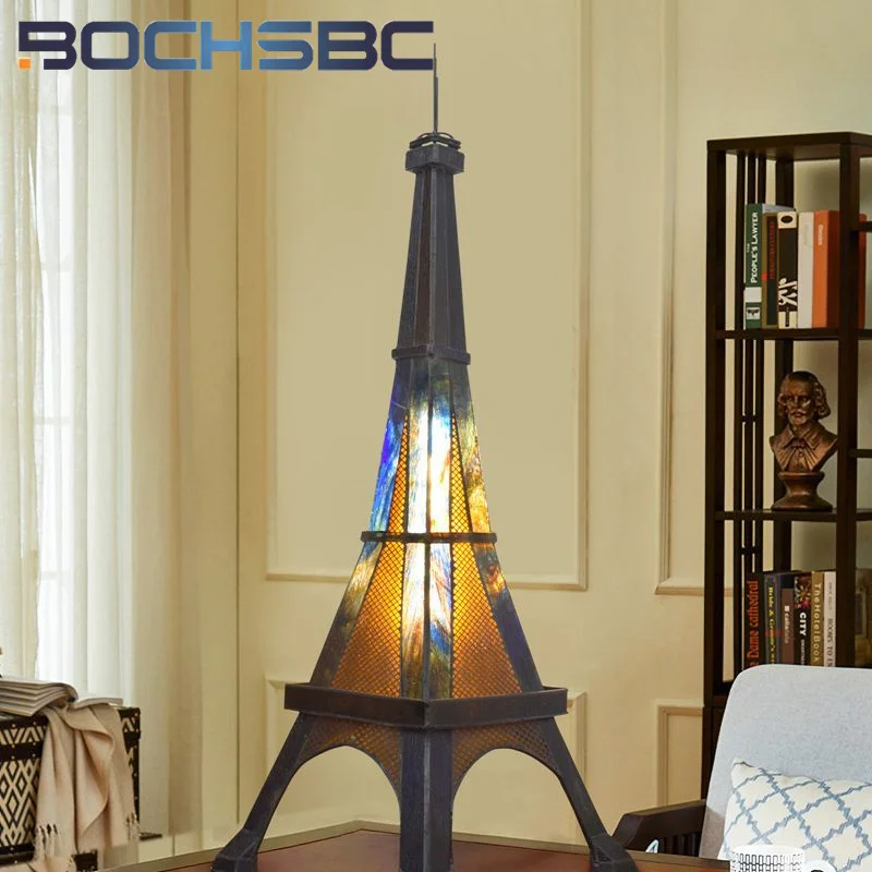 BOCHSBC Tiffany stained glass decorative light Eiffel Tower style table lamp Art Deco bar Office study desk bedroom night lamp