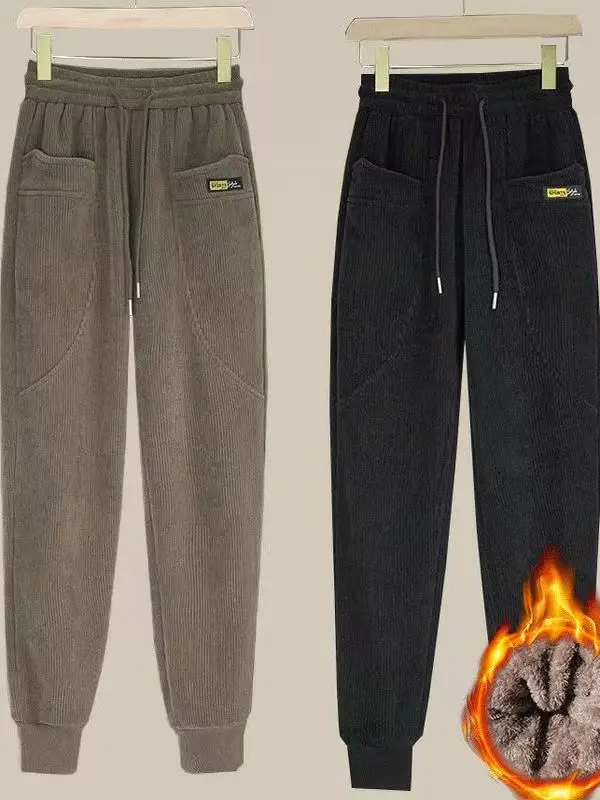 

Утепленные зимние брюки-шаровары из вельвета с высокой талией, спортивные повседневные брюки для женщин, эластичные брюки-харланы