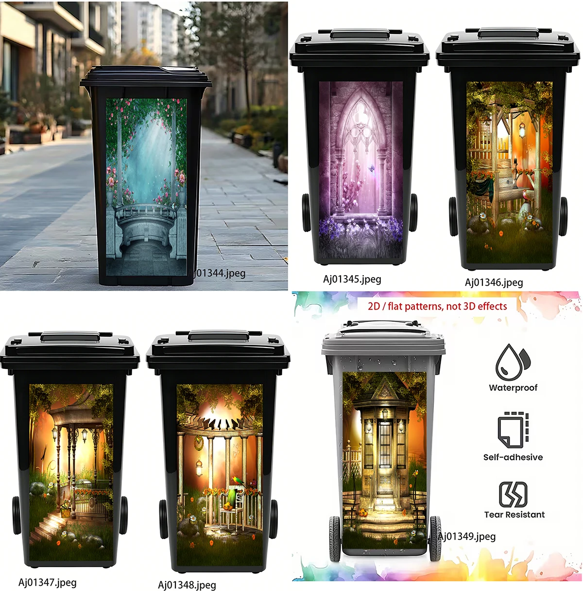 Magical Old Garden Pavilion Trash Can Sticker Waterproof Self Adhesive Tear Resistant Wheel Bin Decal Outdoor Home Decor