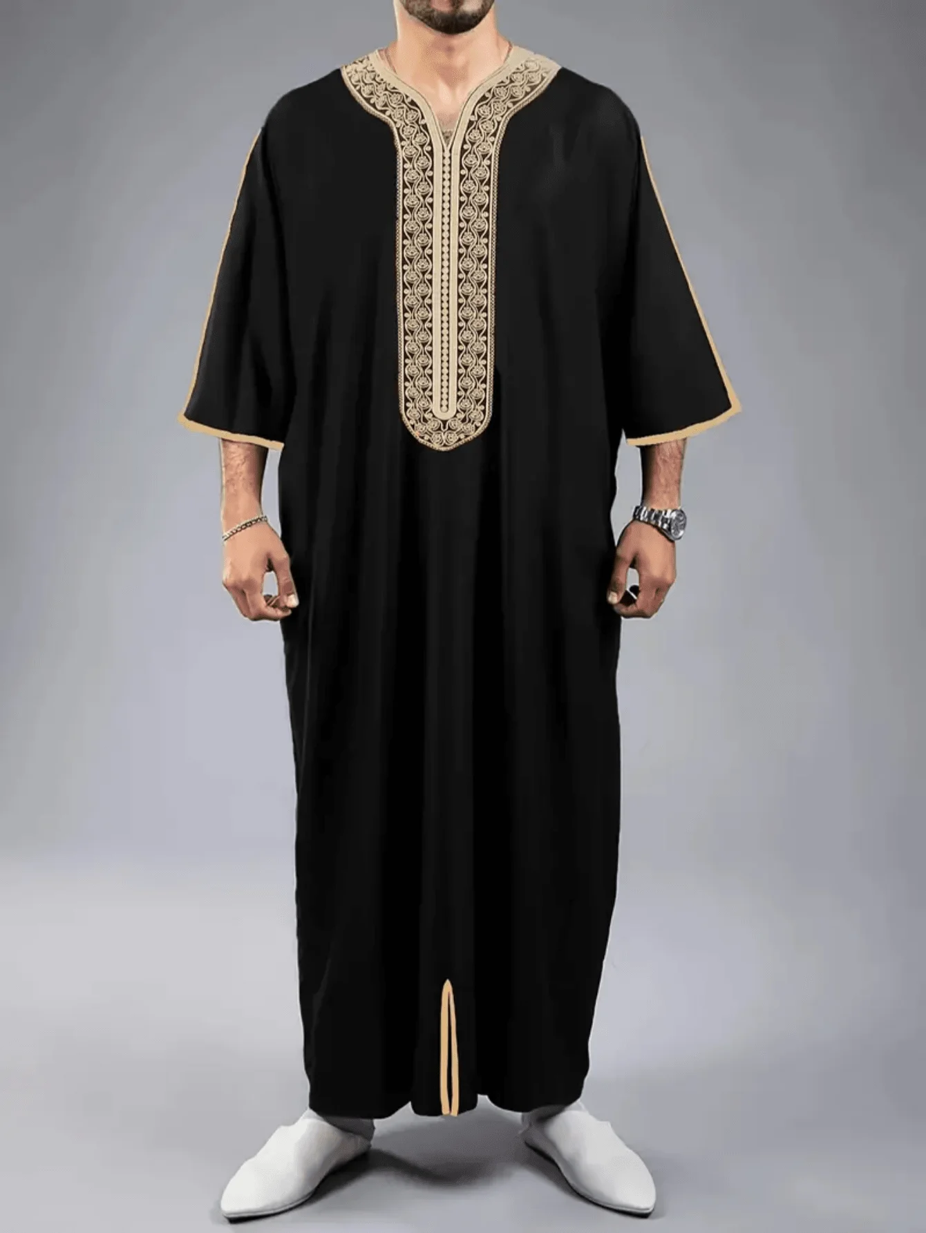 Islamic Loose Men's Muslim Robe Ethnic Style Embroidered Moroccan Men's Traditional Casual Festival Robe