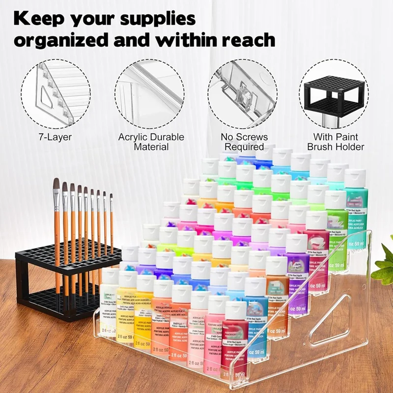 2Pcs Clear Paint Storage Box With Paint Brush Holder, 7 Craft Paint Storage Rack, Miniature Paint Rack For Paint Storage