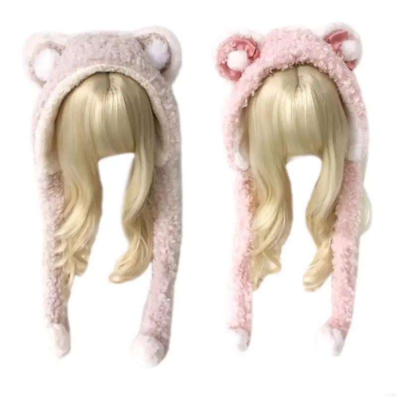 Vrouwen Winter Pluche Hoed met Leuke Cartoon Dierlijke Oren Warme Caps voor Meisjes Pompoms Decoraties Hoed voor Tieners F3MD