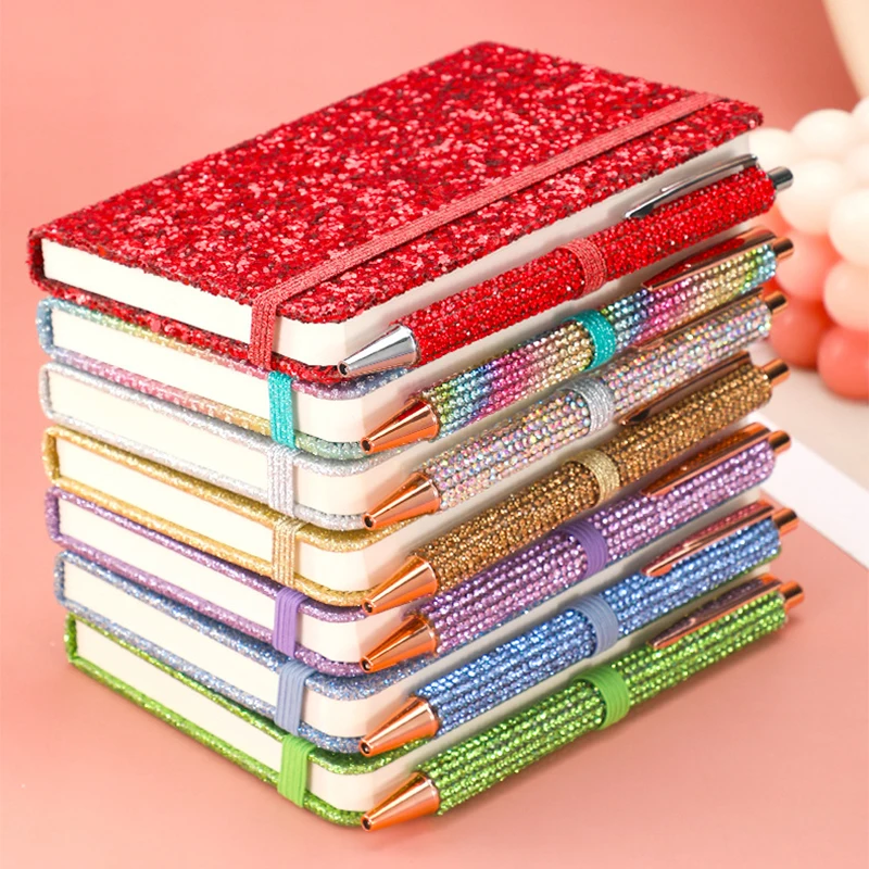 Glitter Cover Notebook with Elastic Band Hardcover Journal Bling Sequins Notepad Student Cute Diary Office Writing Notebook