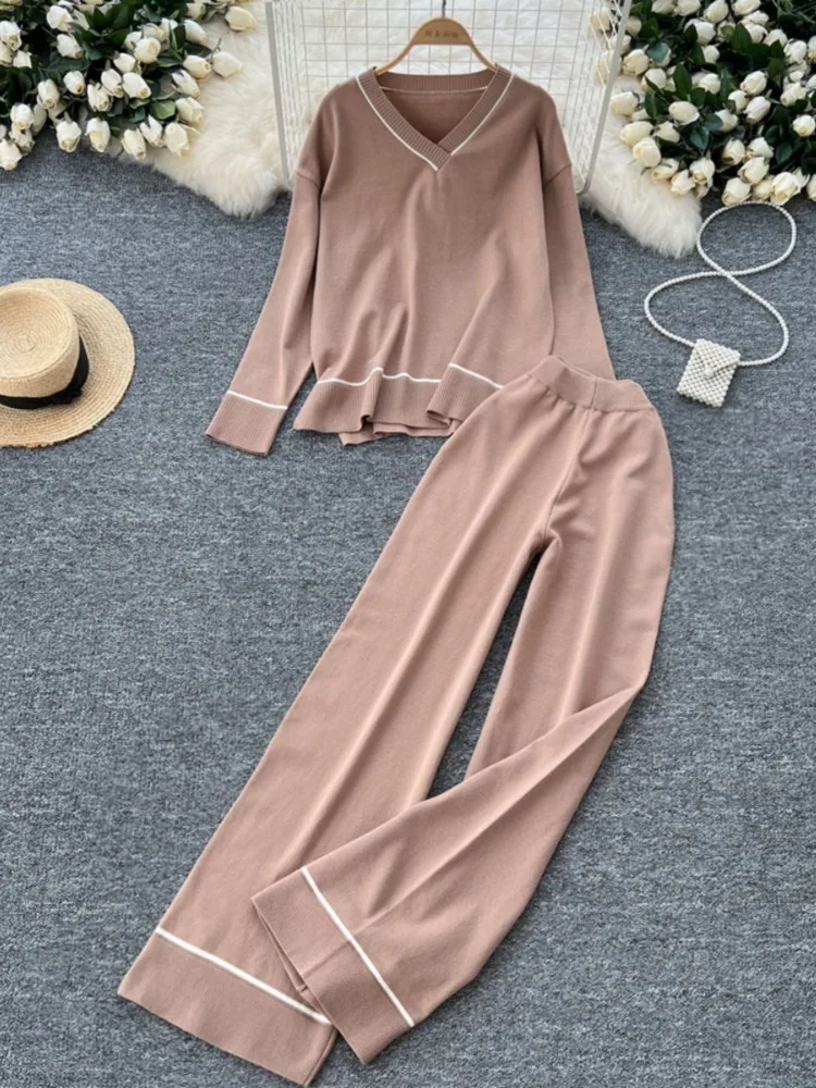 

Casual Loose V-neck Long Sleeve Split Knit Pullover Sweater+Elastic Waist Pants 2-piece Set Autumn/Winter Women's Suit New Woman