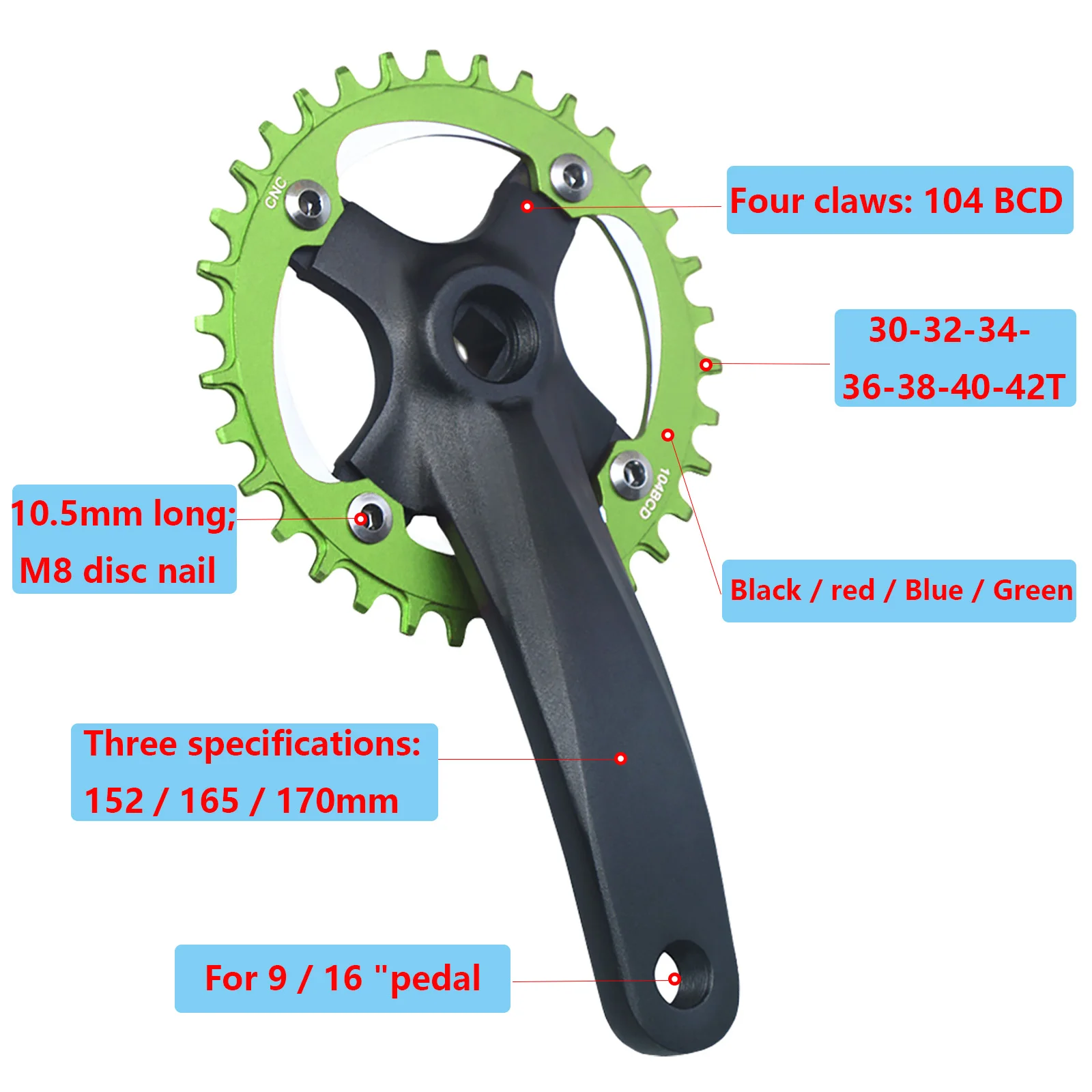 Fahrrad Vierkantloch Kettenrad 104BCD 152mm/165mm/170mm Kurbelarme 32/34/36/38/40/42T Schmales breites Kettenblatt MTB Fahrrad Kurbelgarnitur – Detail 3