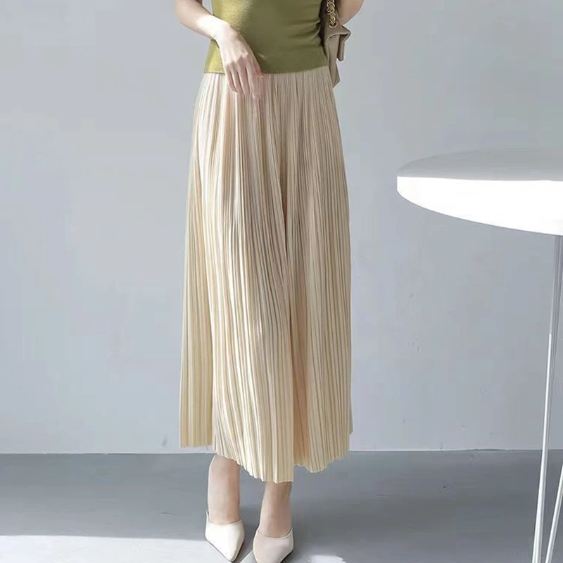 Pleated Skirt Women Spring Autumn Midi Long Skirt Casual Elastic Waist A-Line Black White All Match Party Skirts Solid Color