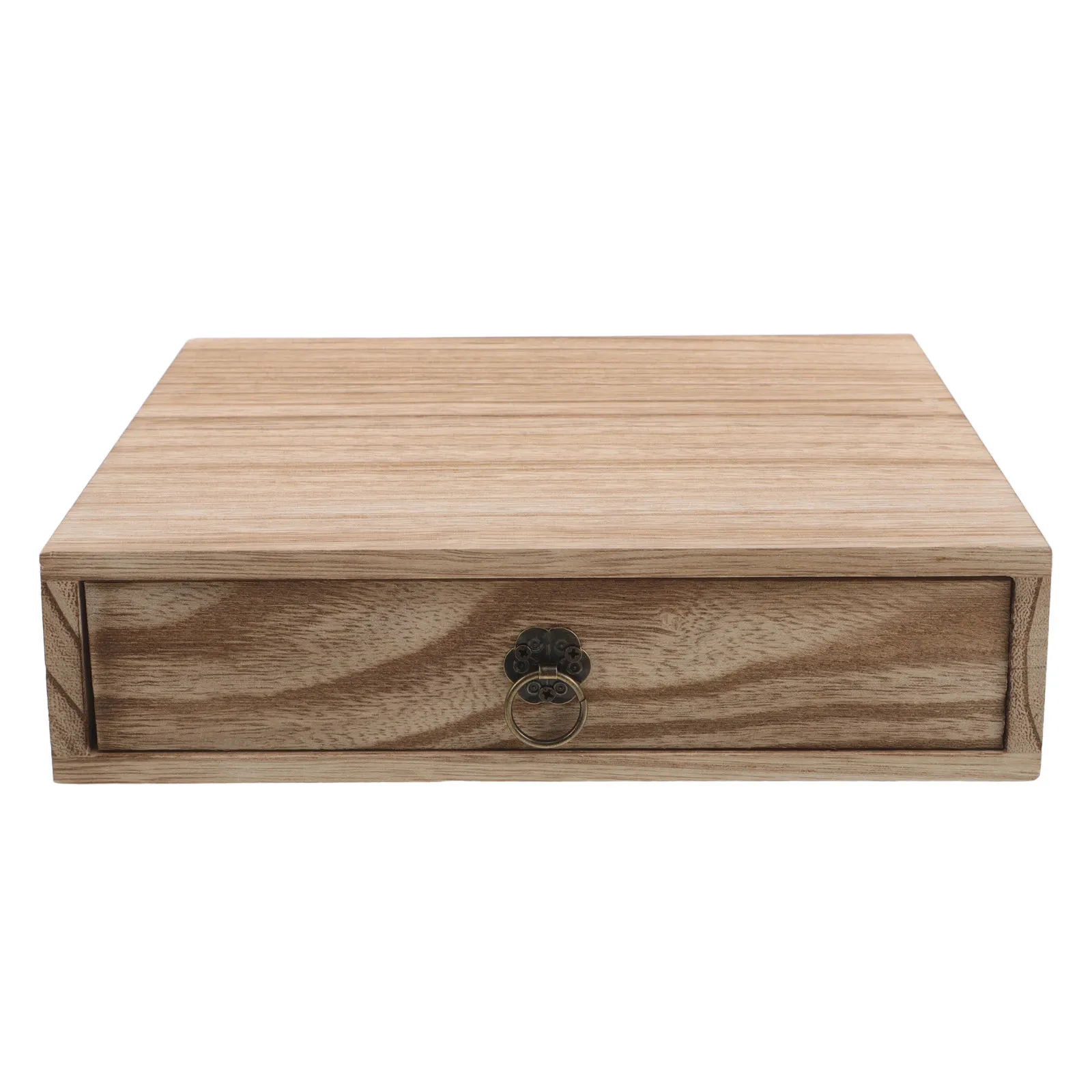 Retro Wood Storage Box with Drawer - Natural Grain Desktop Organizer for Office Stationery Bedroom Shelf Decor -