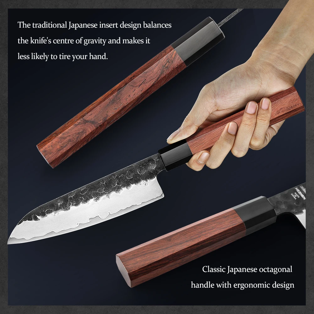 HEZHEN 5.5 Inches Santoku Knife 3 Layers Composite Steel High quality Red wood handle Kitchen Accessories