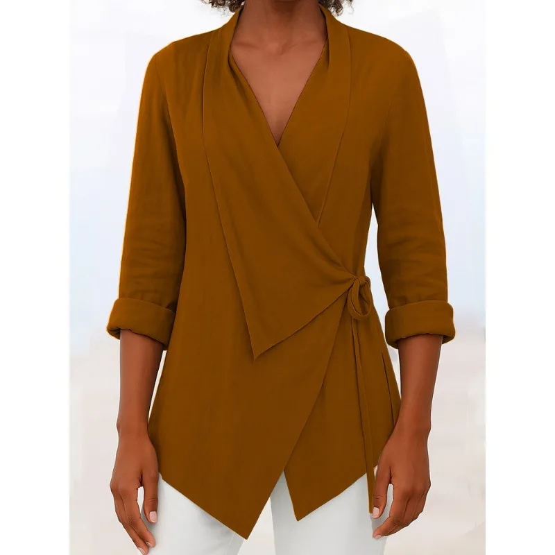 

2025 женская новая модная однотонная свободная повседневная рубашка с длинными рукавами и сшитыми лацканами