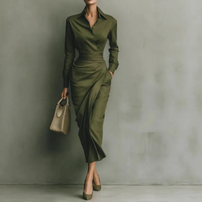 

Shirt Collar Maxi Dress Women Spring Summer Long Sleeve Bodycon Dresses Elegant Office Lady Evening Gown Outfit Clothes