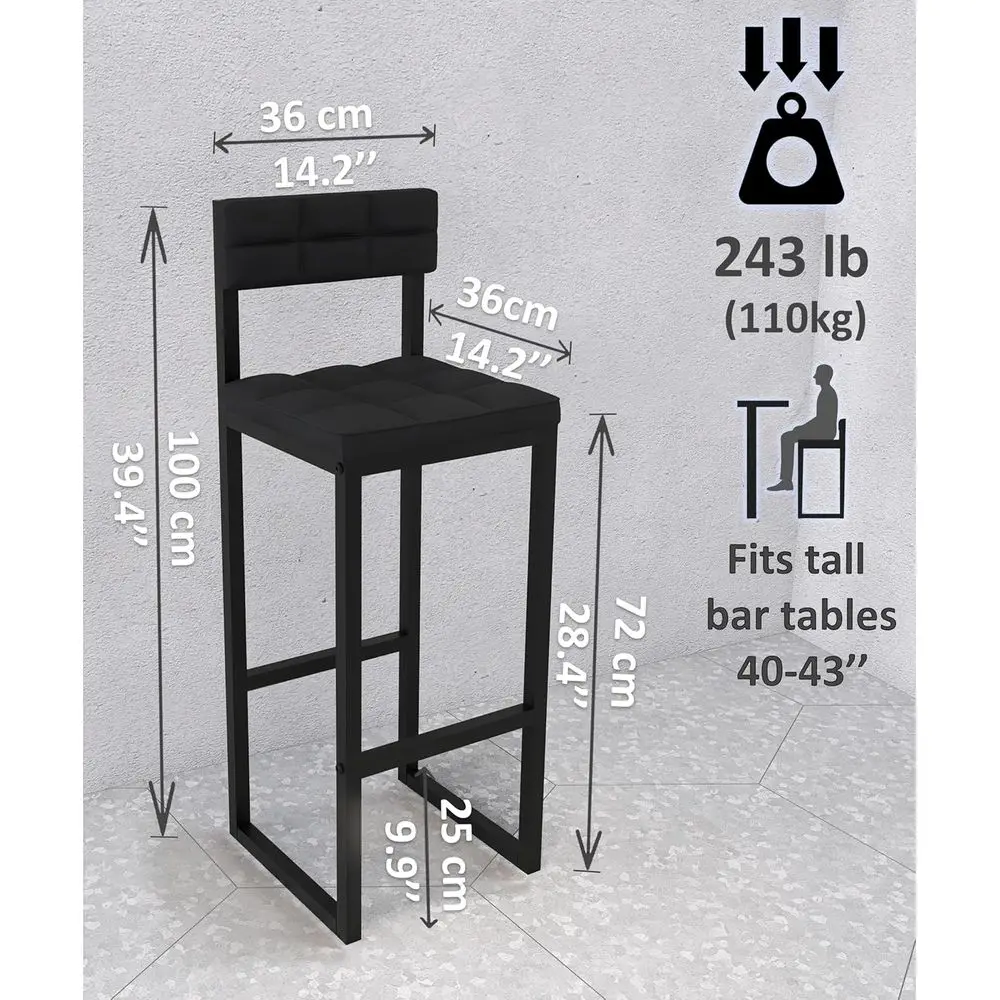 Paar 27 barkrukken met rugleuning, gewatteerde PU-leren stoelen, voetsteunen, zwart metaal, voor keuken of eetkamer