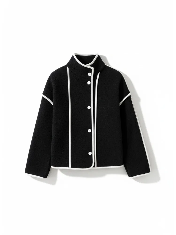 

Missuoo Contrast Color Trim High Neck Jacket for Women 2025 Autumn Winter Casual Buttoned Loose Fit Coat Streetwear Outerwear