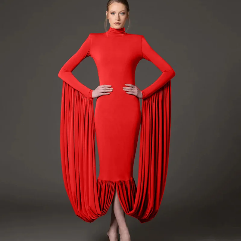 

New Celebrity Hot Photography Banquet Slim Fit Solid Color Long Sleeve Evening Dress High-End High Neck Ruffle Sexy Solid Color