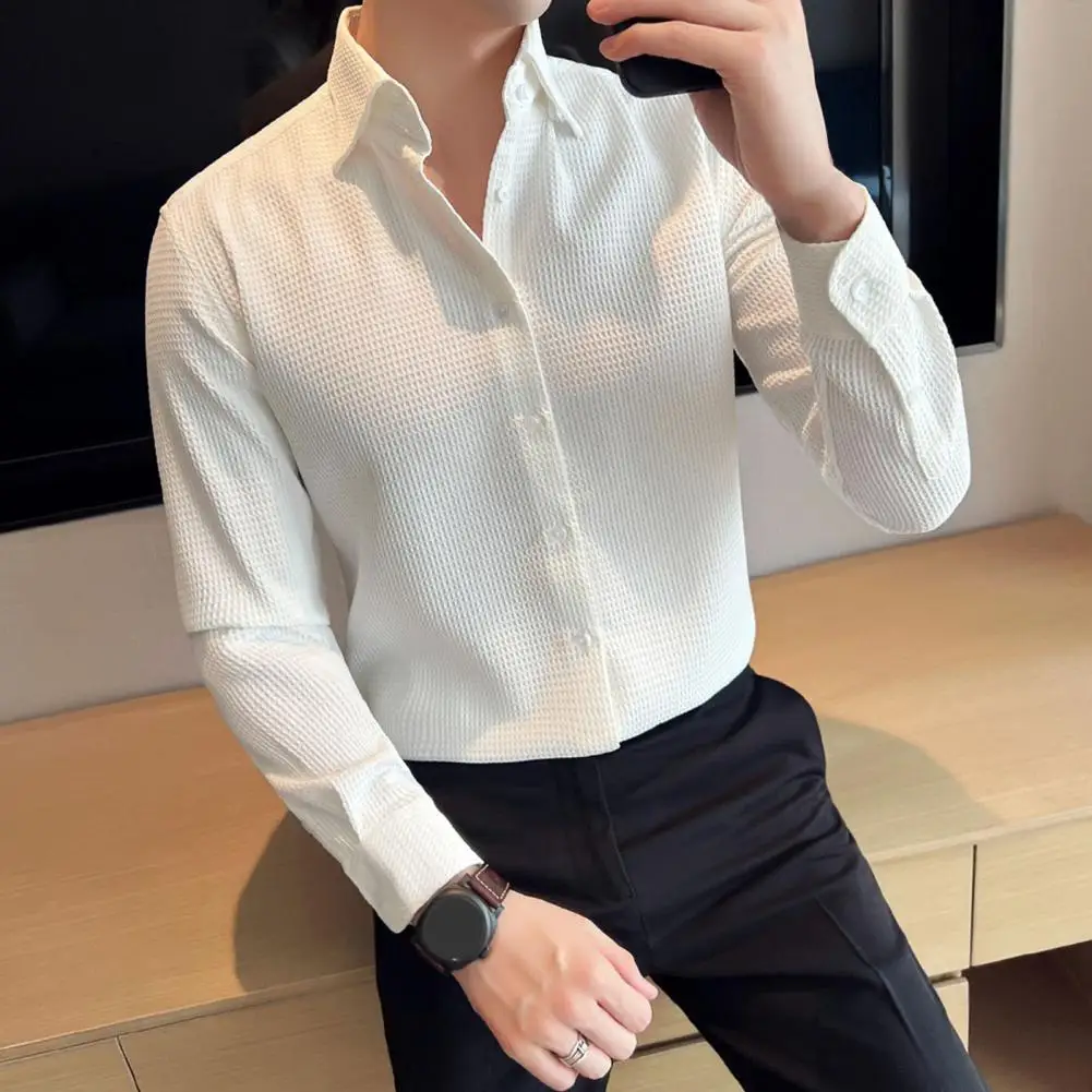 

Casual Men Shirt Stylish Men's French Style Slim Fit Waffle Texture Shirt for Spring Fall for Business Events Office Wear