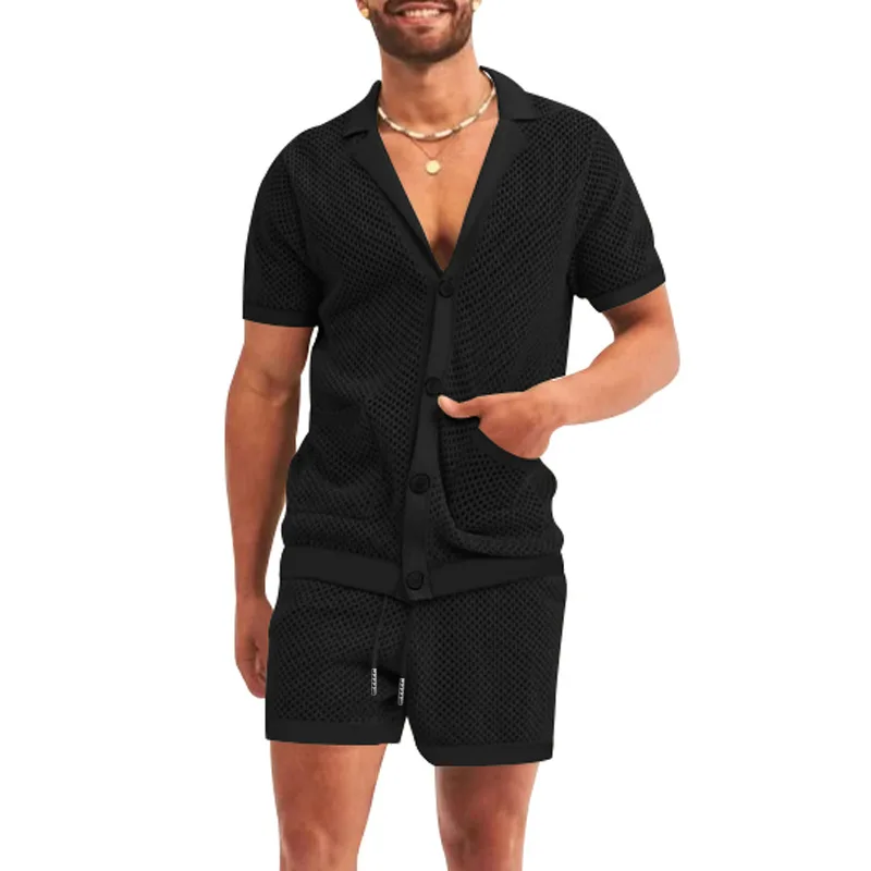2026 Sommer Herren Ausgehöhltes Dünnes Zweiteiler-Set: Kühles, Atmungsaktives Kurzarm-Oberteil mit Passenden Shorts – Lässiges Alltagsoutfit im lockeren Schnitt – Detail 22