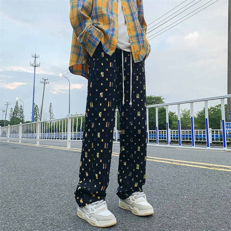 Cotton Casual Pants Men Fashion Colored Plaid Pants Men Streetwear Hip-hop Loose Hollow Out Pants Mens Hole Trousers M-3XL