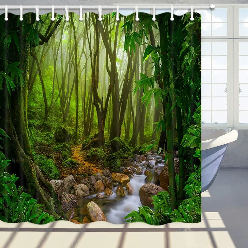 Rainforest Landscape Decor Shower Curtain Green Forest Jungle River Bathroom Polyester Fabric Bath Curtains with Hooks Washable