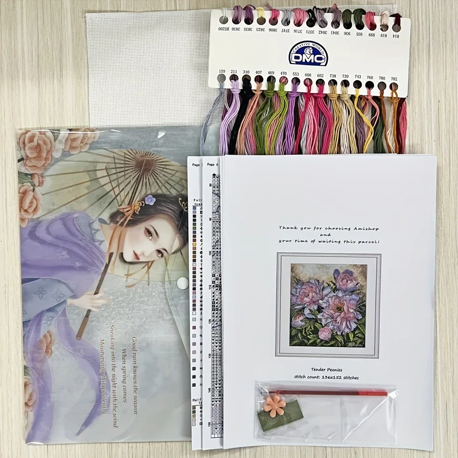 Kit punto croce peonie tenero, Set ricamo fai da te con 30 colori, tela contata, aghi e istruzioni inglesi per la decorazione domestica