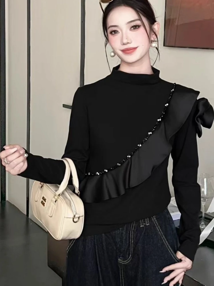 

2025 New Top Autumn Winter Fashion 3D Rose Ruffled Beaded Splicing Long Sleeve T-Shirt Solid Color Slim Outwear Base Shirt Women