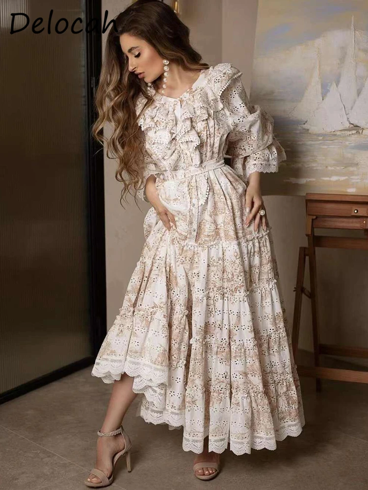 Delocah High Quality Summer Women Fashion Designer Long Dress Flare Sleeve Belt Shirring Ruffles Lace Hem Trim Cotton Dresses