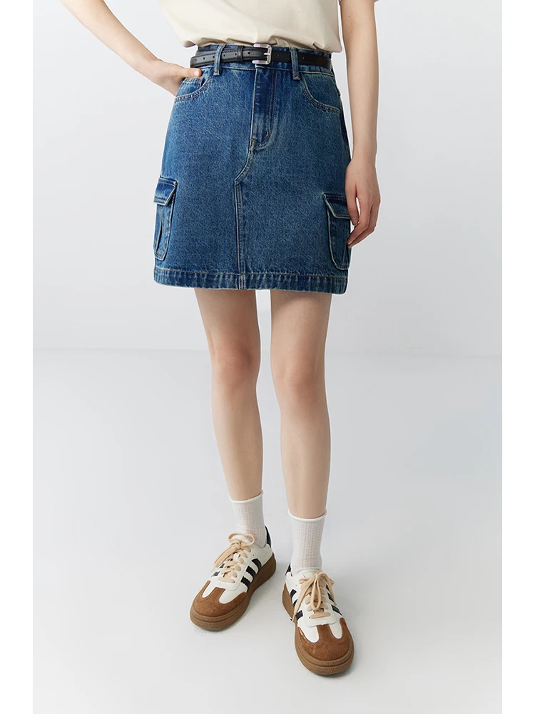 ZIQIAO Petite Retro A-line Denim Skirt For Women's 2024 Spring Summer New High Waisted Pocket Short Skirt 24ZQ91153