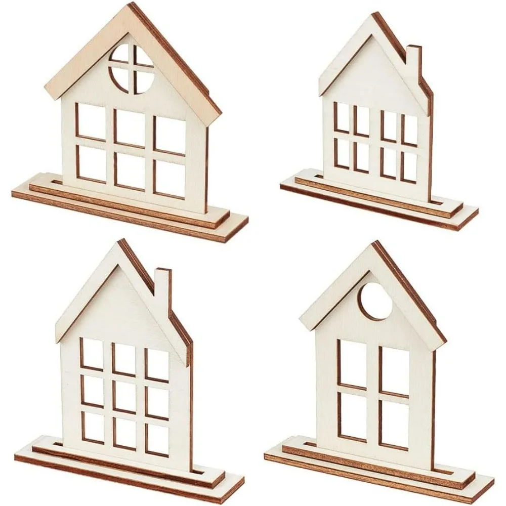 4 Sets Wooden House Shaped Ornaments 4-Style Unfinished Wooden House Shaped Blocks Wood Color Rectangle Board House Board Roof