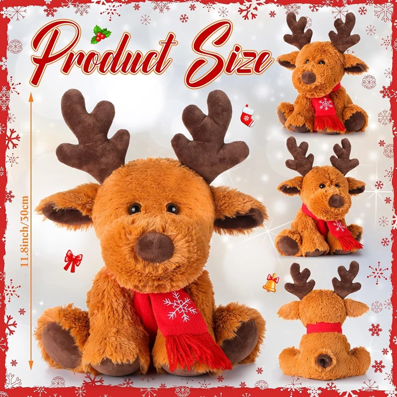 Stuffed Christmas Reindeer Plush Toy Light Up Xmas Plush Elk with Red Scarf Stuffed Plush Dolls Winter Holiday Gifts