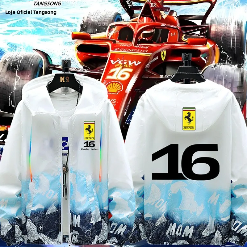 ファンサンプロテクション服メンズレーシングナンバー-16-ルクレール-44-f1-ドライバージャケットルーズフィットフード付きジッパーポケット