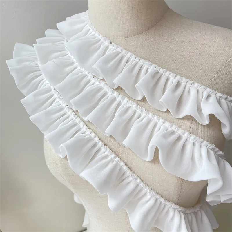 5CM Wide White Double Layers Chiffon Fabric Needlework Frilled Ribbon Ruffle Trim Wedding Dress Collar Cuffs Sewing DIY Crafts