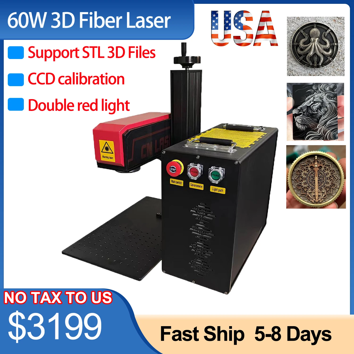 3D 60W Fiber Laser Engraver 2.5D 3D Engraving Relief Metal Marking 110x110MM Lens Portable for Jewelry Metal Plastic US Ship