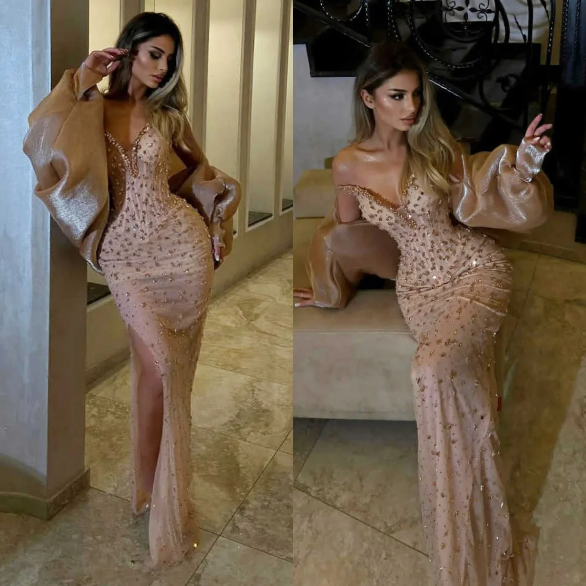 

Sexy Strapless Beaded Prom Dresses Sparkly Sequined Evening Tassels Dress Customized Floor Length Side Slit Party Cocktail Gown