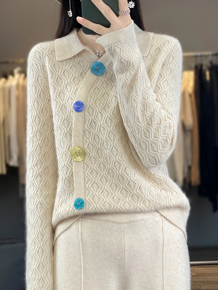 New Chic Spring Autumn Women Sweater 100% Merino Wool POLO-neck Cardigan Hook flower design Candy button Knitwear Korean Fashion