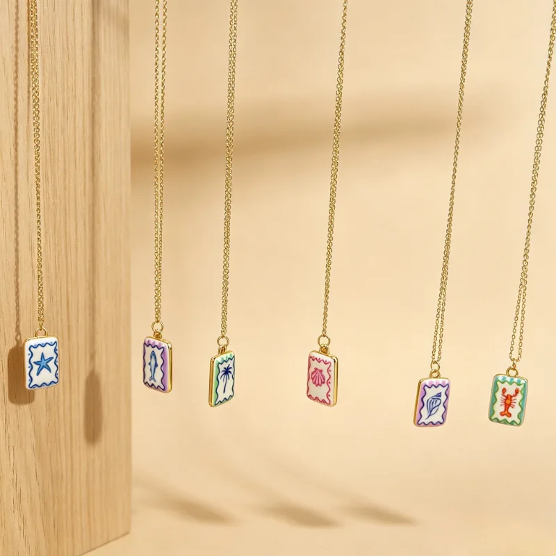 New square color hand-painted marine element pattern pendant necklace, women's simple collarbone chain