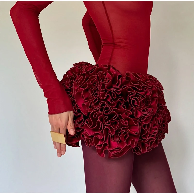Sexy Strapless Red 3D Flowers Dress Outfits Women Bandage Backless Tube Top Mini Skirts Lady Celebrity Party Cocktail Skirt Suit