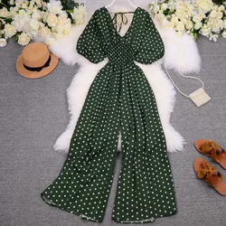 Jumpsuits Women Print Dot One Piece V Neck Puff Sleeve Overalls Slim Fit Wide Leg Long Pants High Waist Casual Rompers Summer