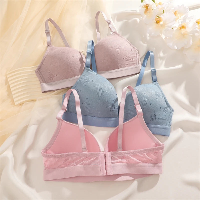 FINETOO Floral Lace Bras for Women Sexy Beauty Back Deep V Bralette Ladies Push Up Underwear Trendy Wire Free Brassiere Lingerie