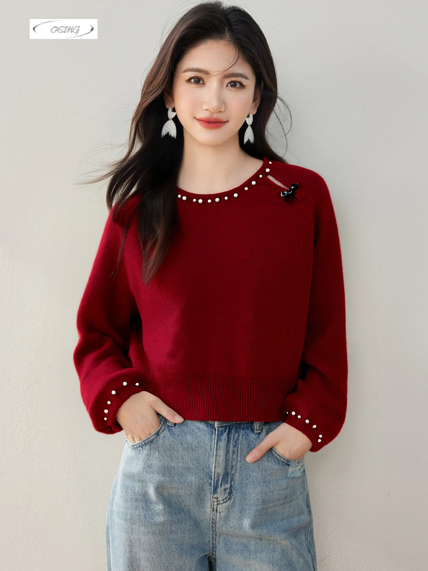 

Красный вязаный свитер с бисером для женщин, осень-зима, корейский теплый короткий пуловер с длинными рукавами и круглым вырезом, модный трикотаж 9725