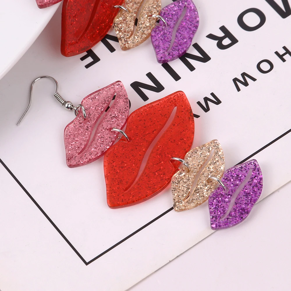 Trendy Multilayer Red Lips Acrylic Drop Earrings For Women Colorful Geometric Glitter Long Dangle Earrings Fashion Jewelry Gifts