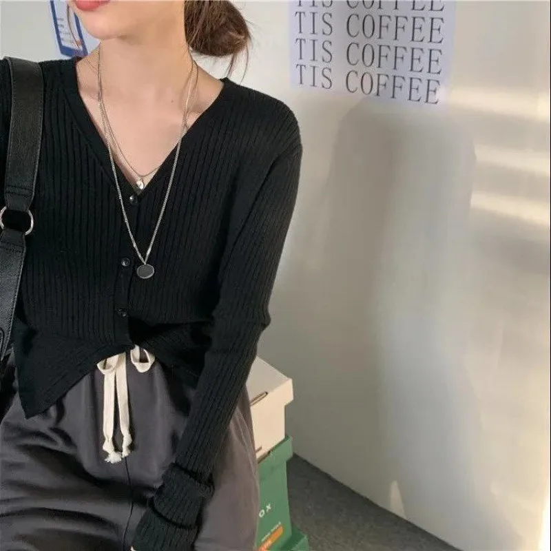 2024 neue V-ausschnitt Strick Pullover Strickjacke für Frauen Frühling Sommer Slim Fit Kurze Lange Hülse Mantel Top