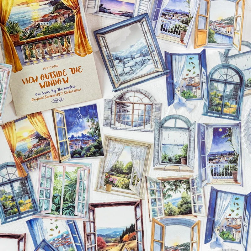 

Бумажные пейзажи, наклейки для домашних животных, 30 листов/упак., цветы за окном, пейзаж, наклейки с белыми чернилами, украшение для дома, справочники