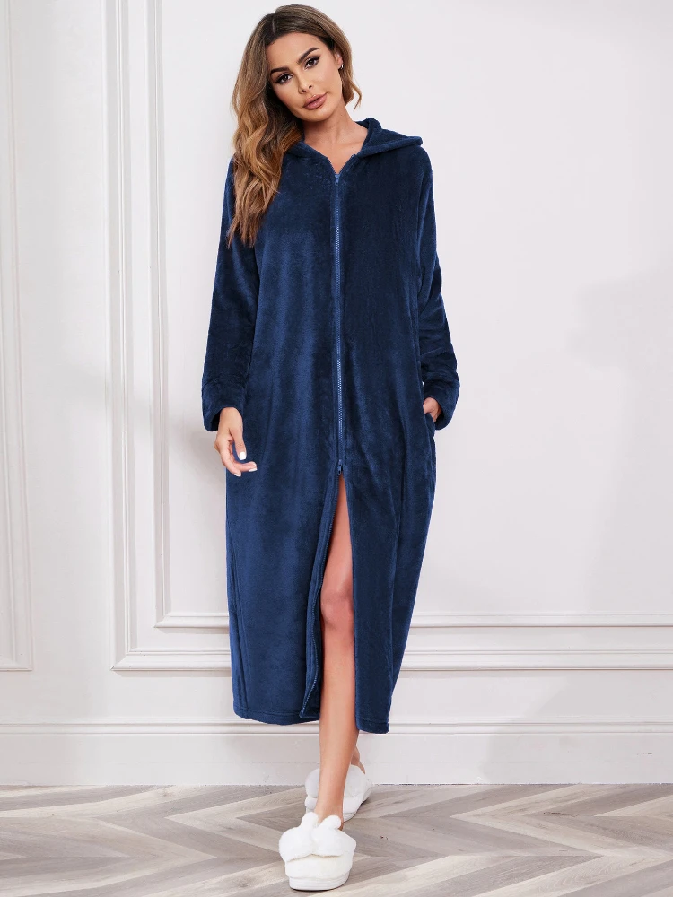 

Women's Homewear Sleeping Nightwear Skirt Double Sided Velvet Autumn Winter Thick Hooded Long Warm Zipper Robe Lady Pajamas